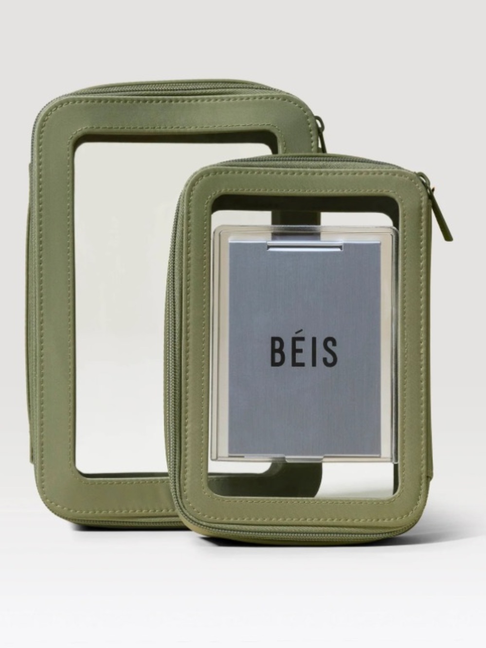 NWOT BEIS Olive Green Clear Window Travel Toiletry Cosmetic Bags Set with Mirror